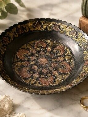 Vintage Embossed Metal Floral Bowl Trinket Dish Boho Decor